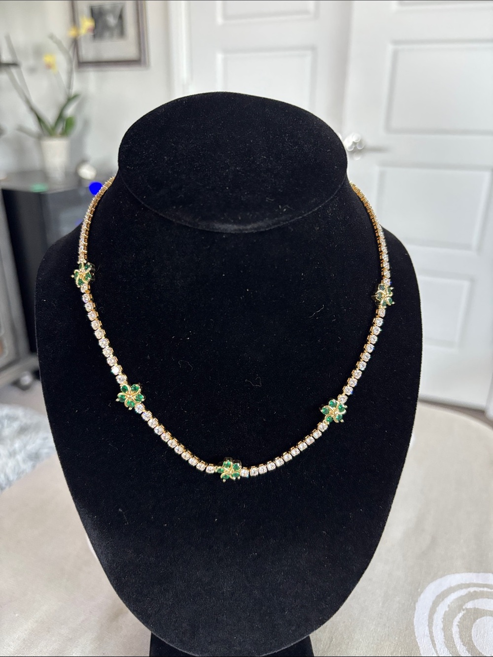 Gold-tone Necklace with Green Flower Accents